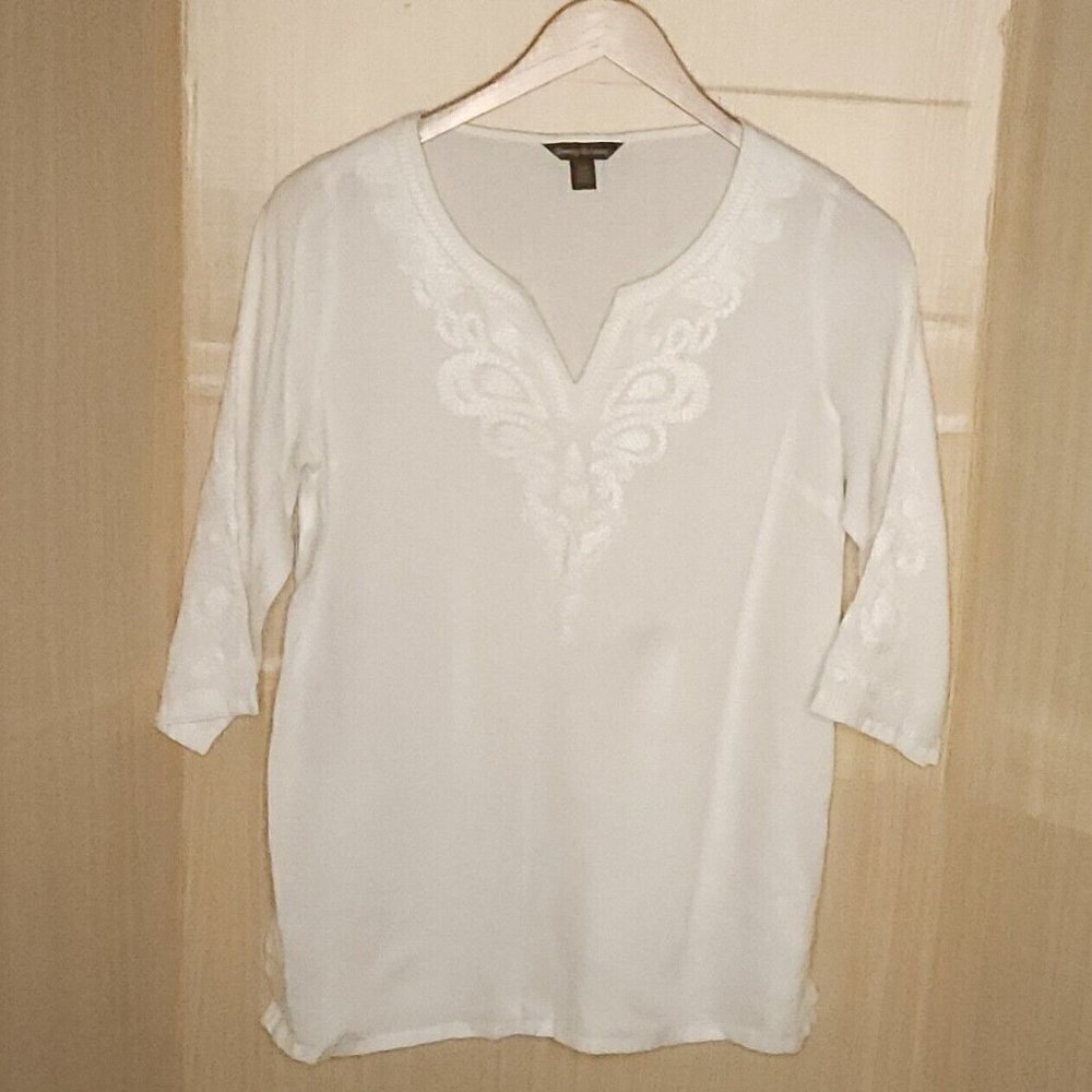 Tommy Bahama Womens White Linen Embroidered Tunic Top Small